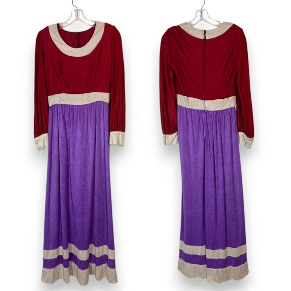 Vintage Maxi Dress 60s 70s Purple Red Retro Small - Picture 9 of 9